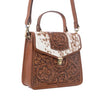 Myra Duchess Hairon Handtooled Flap and Button Leather Satchel in Mocha Cream