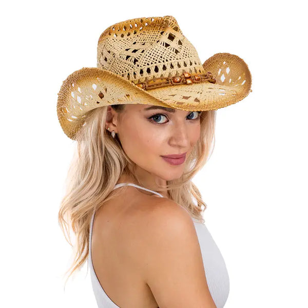 Lightly Beaded Vintage Burnt Crochet Straw Cowboy Hat