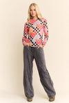 Checkered Heart Mesh Long Sleeve Top - Blush & Cactus