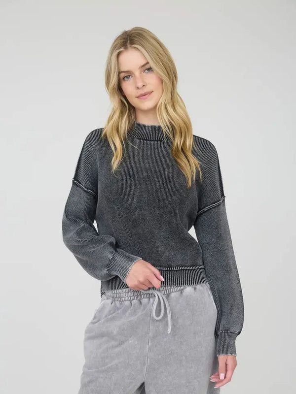 Washed Mock Neck Long Sleeve Knit Pullover Sweater - Blush & Cactus