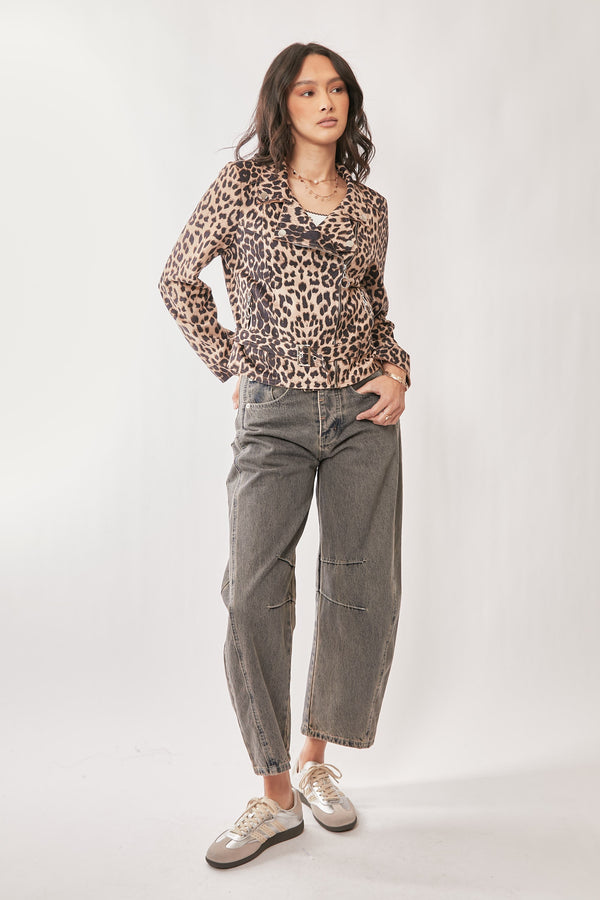 Davi & Dani Leopard Twill Moto Style Biker Jacket Outerwear