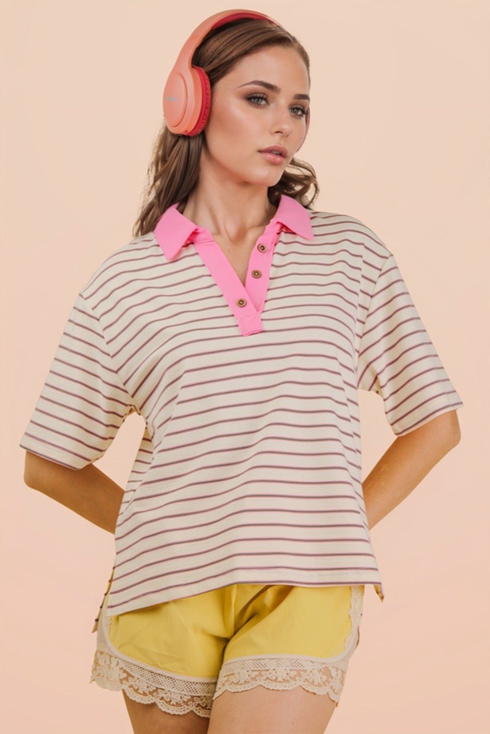 Oversized Stripe Knit Top W/ Cont Collar - Blush & Cactus