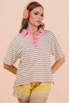 Oversized Stripe Knit Top W/ Cont Collar - Blush & Cactus