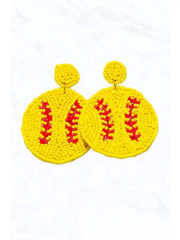 Baseball, Softball Seed Bead Fabric Post Dangle Earrings