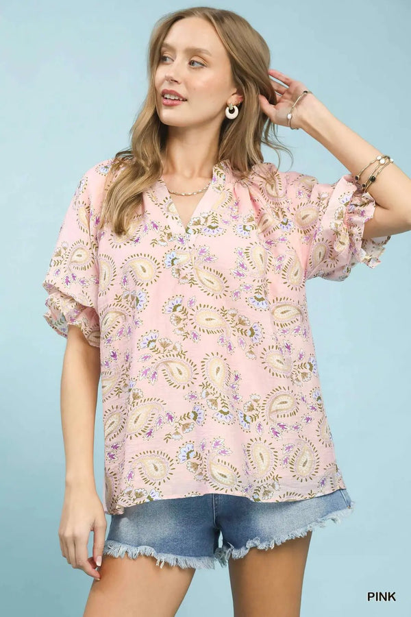 Paisley Floral Smocked Neck Flutter Sleeve Top - Blush & Cactus