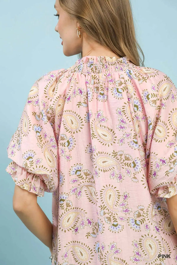 Paisley Floral Smocked Neck Flutter Sleeve Top - Blush & Cactus