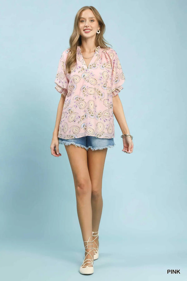 Paisley Floral Smocked Neck Flutter Sleeve Top - Blush & Cactus