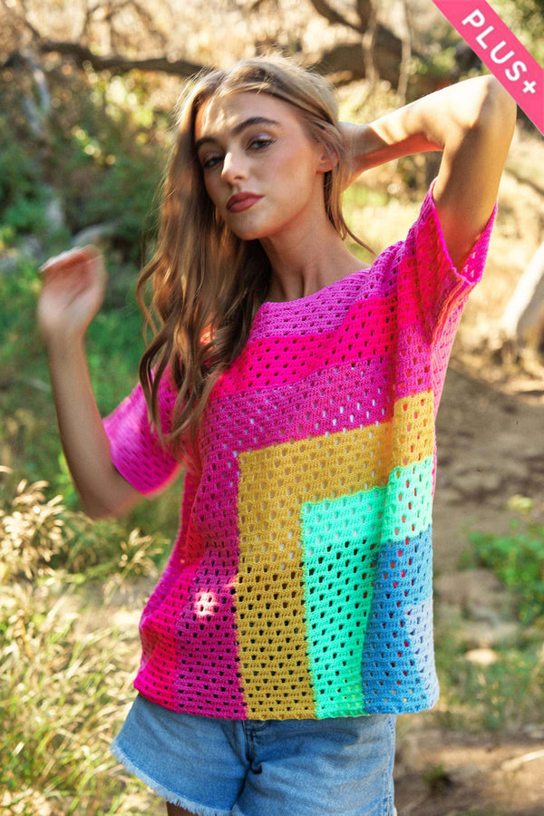 Multi Color Blocked Sweater Cover Up Top