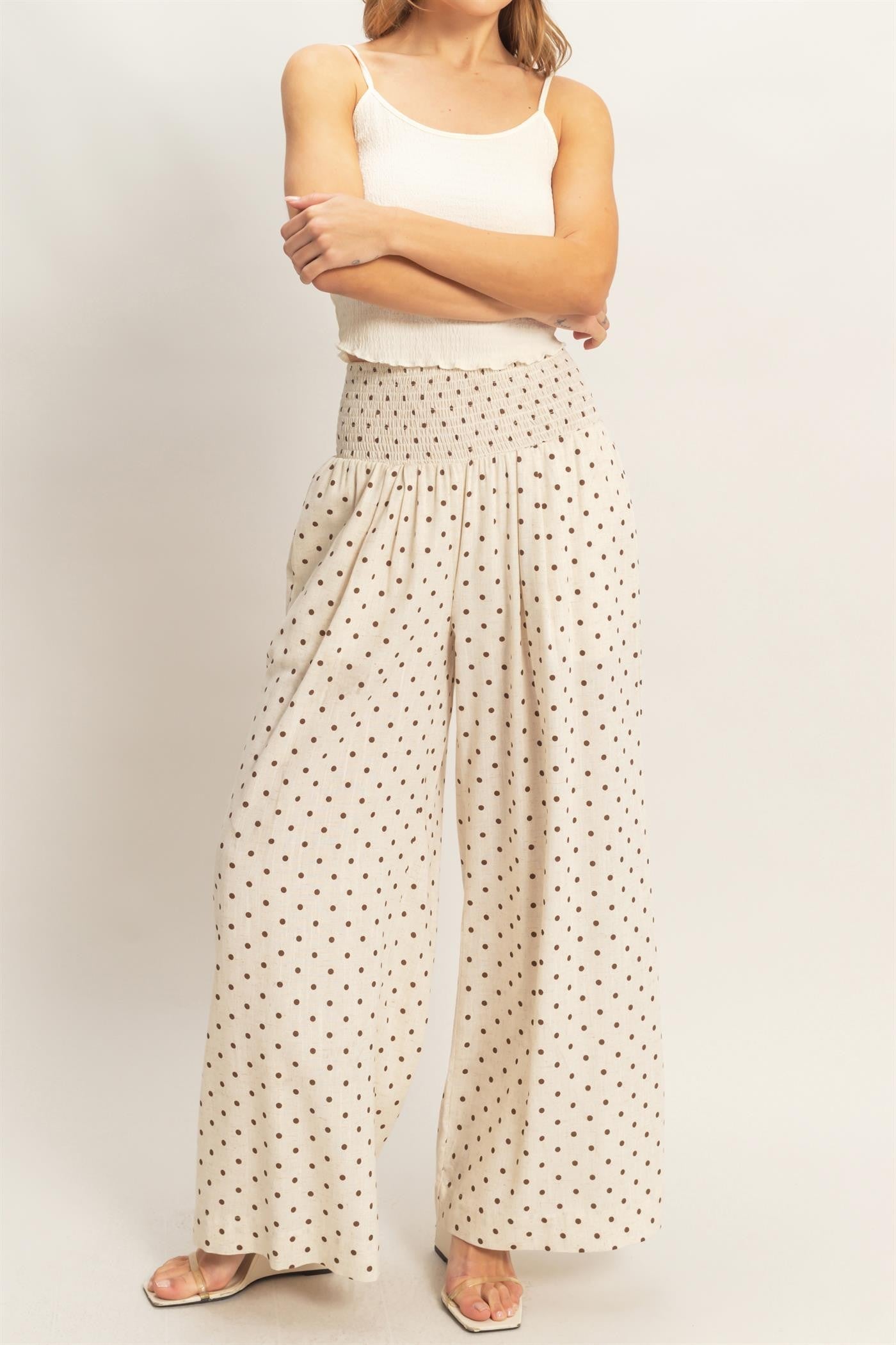 Polka Dot Elastic Wide - leg Pants - Blush & Cactus