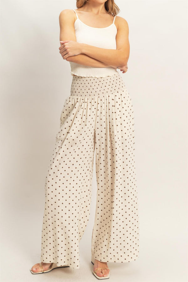 Polka Dot Elastic Wide - leg Pants - Blush & Cactus