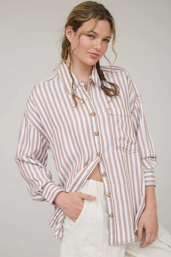 Stripe Collared Button Down Long Sleeve Shirt - Blush & Cactus