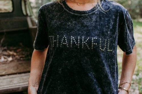Thankful Acid Washed Studs Tee - Charcoal - Blush & Cactus