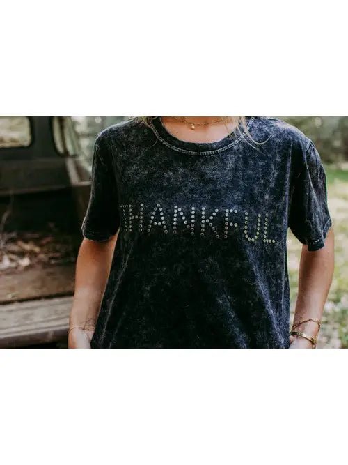 Thankful Acid Washed Studs Tee - Charcoal - Blush & Cactus