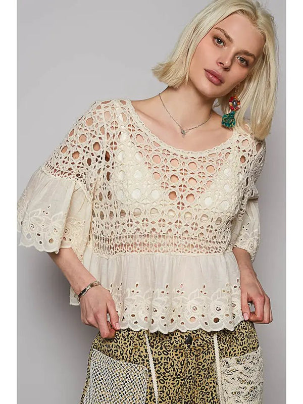 POL Round Neck Short Sleeve Floral Eyelet Crochet Top - Blush & Cactus