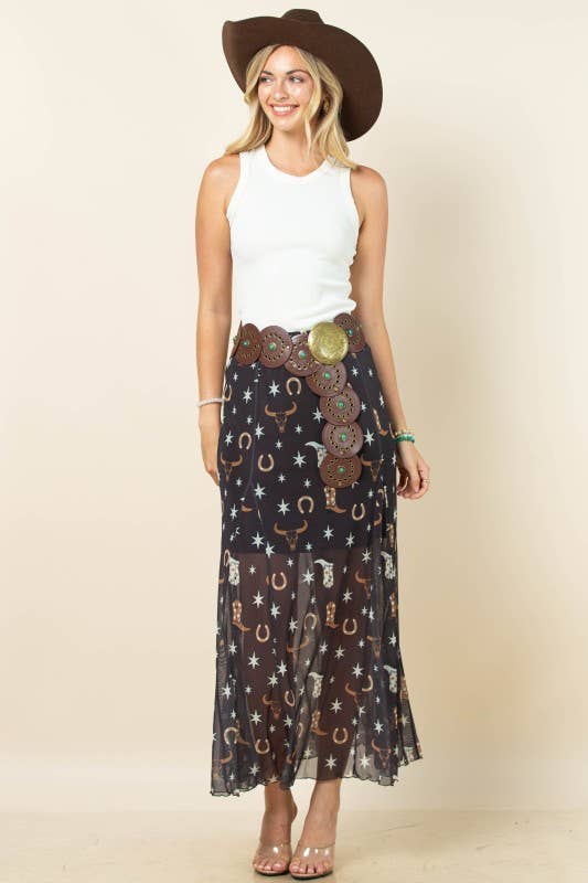 Western Mesh Maxi Skirt - Blush & Cactus