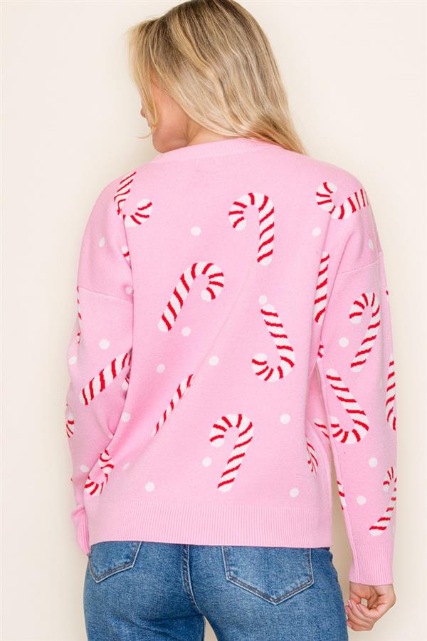 Christmas Candy Cane, Crew Neck, Long Sleeve Pullover Sweater - Blush & Cactus