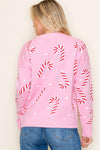 Christmas Candy Cane, Crew Neck, Long Sleeve Pullover Sweater - Blush & Cactus