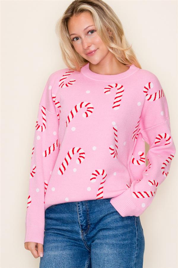 Christmas Candy Cane, Crew Neck, Long Sleeve Pullover Sweater - Blush & Cactus