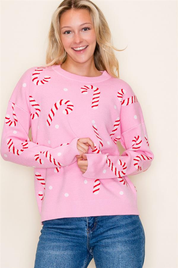 Christmas Candy Cane, Crew Neck, Long Sleeve Pullover Sweater - Blush & Cactus