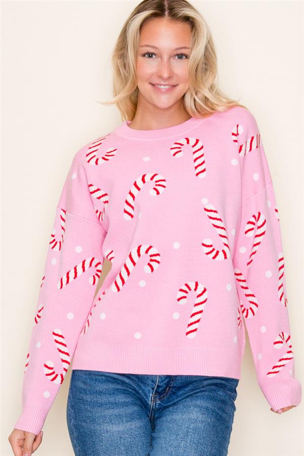 Christmas Candy Cane, Crew Neck, Long Sleeve Pullover Sweater - Blush & Cactus