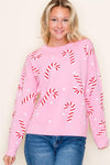 Christmas Candy Cane, Crew Neck, Long Sleeve Pullover Sweater - Blush & Cactus