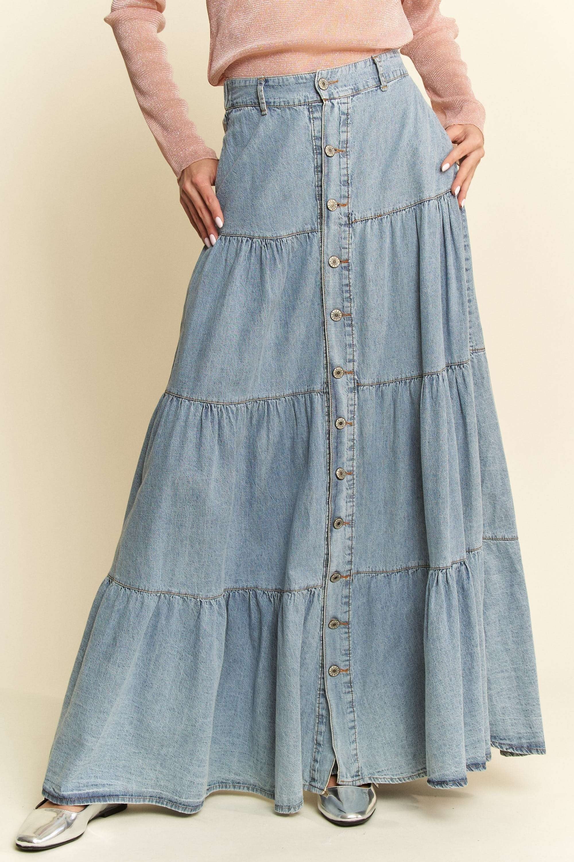 Davi & Dani Denim Button Front Ruffle Hem Denim Maxi Skirt