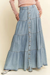 Davi & Dani Denim Button Front Ruffle Hem Denim Maxi Skirt