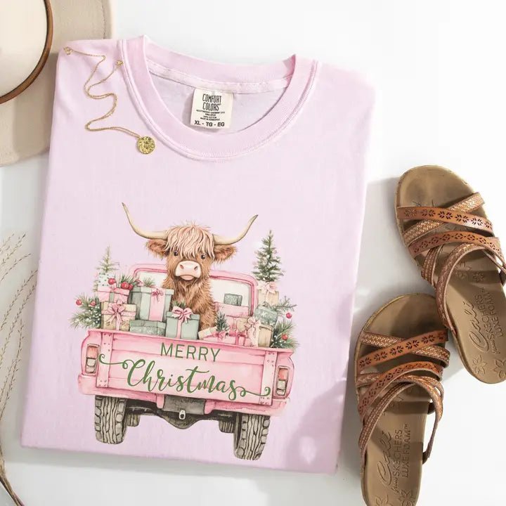 Merry Christmas Highland Cow Truck Graphic Tee - Blush & Cactus