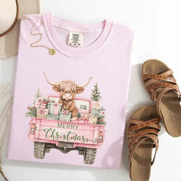 Merry Christmas Highland Cow Truck Graphic Tee - Blush & Cactus