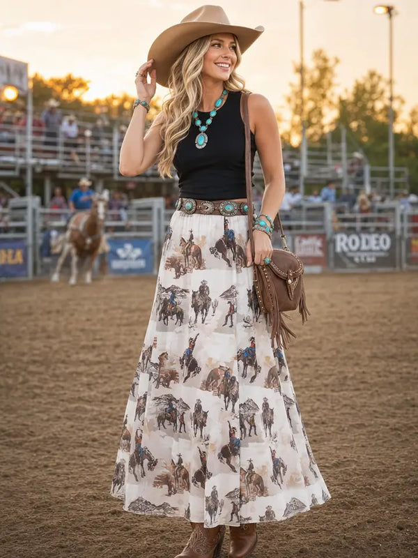 Cowboy Print Lined Full Mesh Skirt