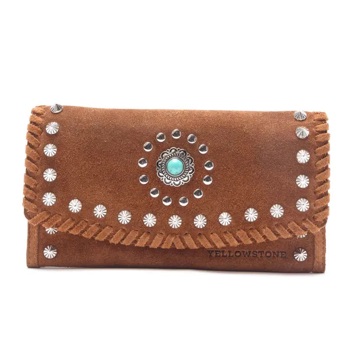 Myra Yellowstone Briar Meadow Studded Suede Leather Women’S Purse in Desert Tan