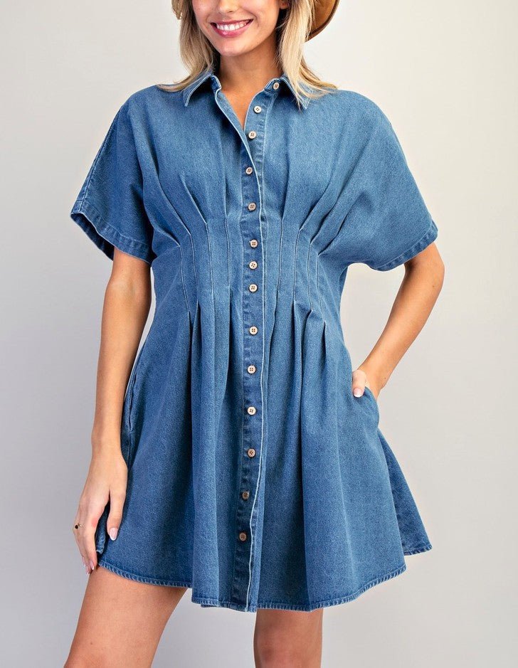 eesome Pleated Button Down Denim Mini Dress - Blush & Cactus