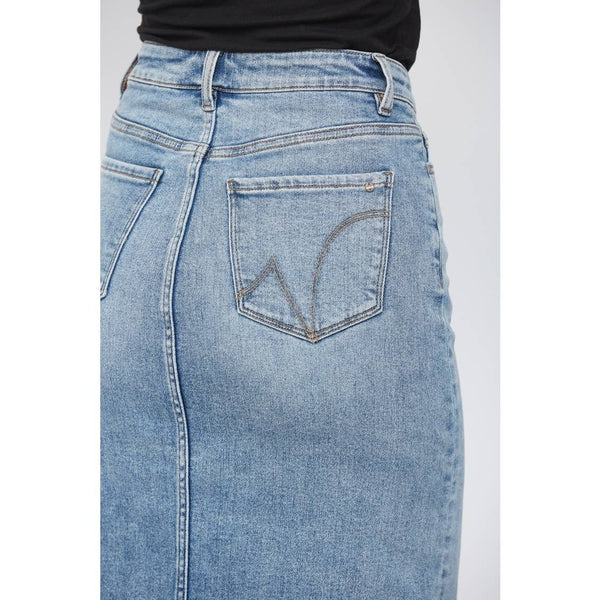 MICA DENIM MIDI SKIRT WITH DISTRESSED - Blush & Cactus