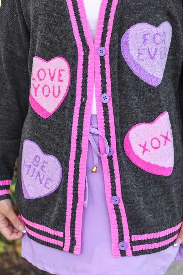 Chenille Patch Candy Hearts Relaxed Cardigan - Blush & Cactus