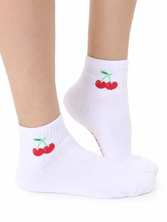 Classic Ankle Socks w/ Ribbed Tubing - Cherries - White
