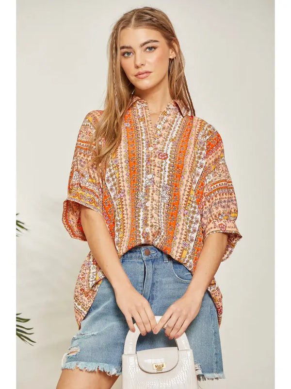 Satin Like Print Top This Features Button Up Front