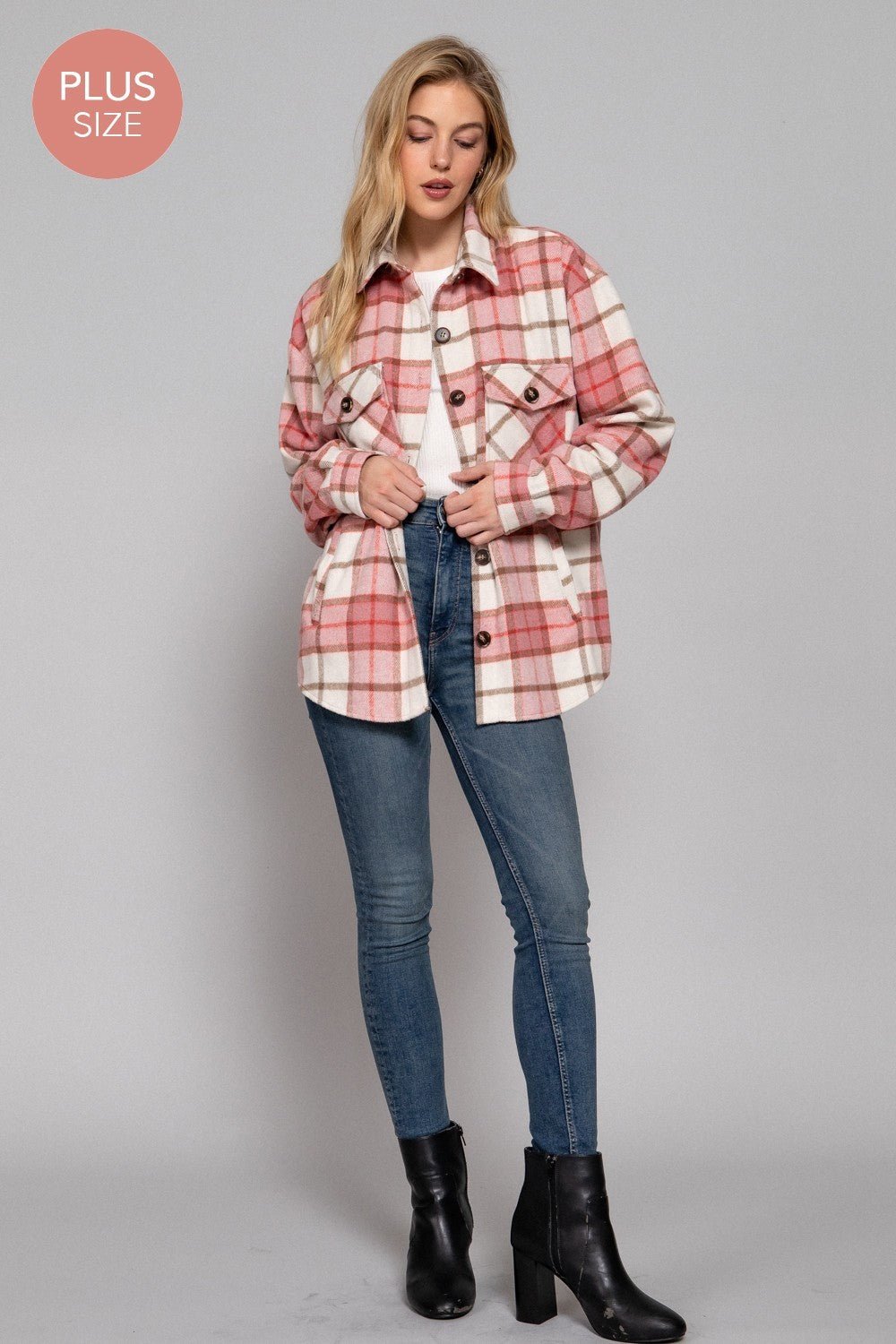Long Slv Wool Blend Plaid Jacket - Curvy Size - Blush & Cactus