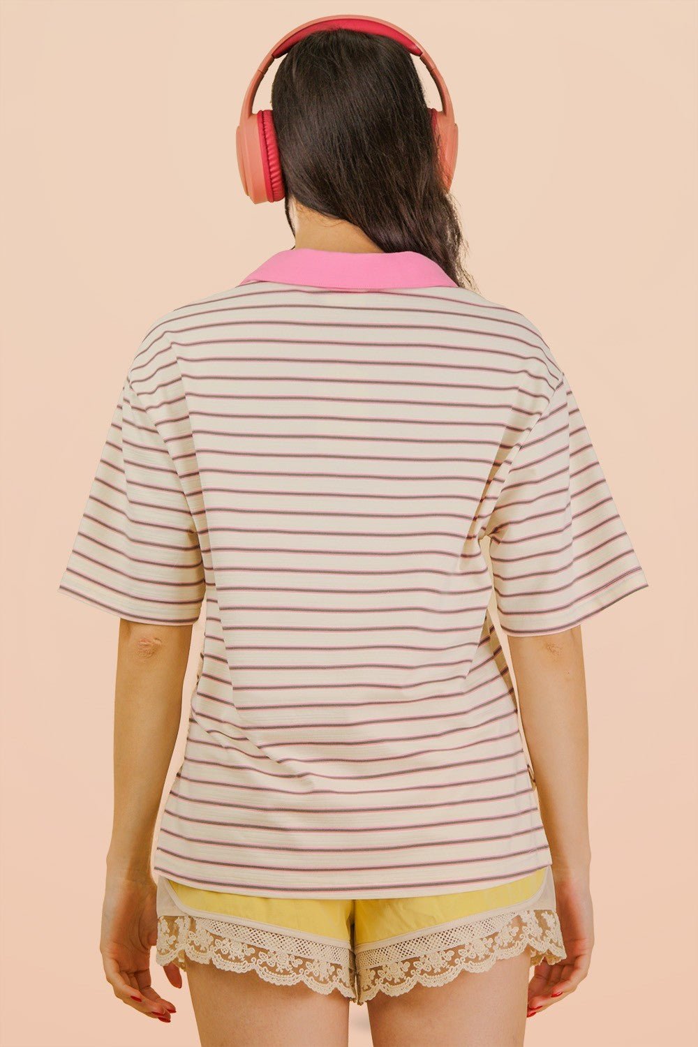 Oversized Stripe Knit Top W/ Cont Collar - Blush & Cactus