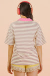 Oversized Stripe Knit Top W/ Cont Collar - Blush & Cactus