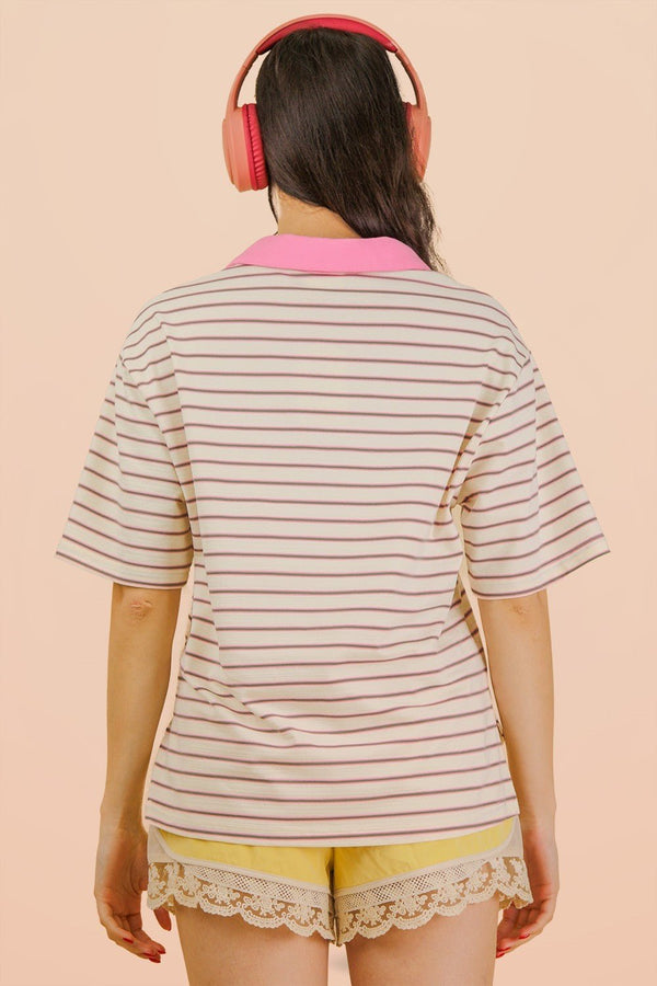 Oversized Stripe Knit Top W/ Cont Collar - Blush & Cactus
