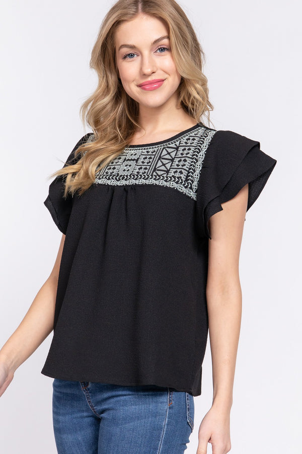 SALE Black Short Ruffle Sleeve Embroidered Top