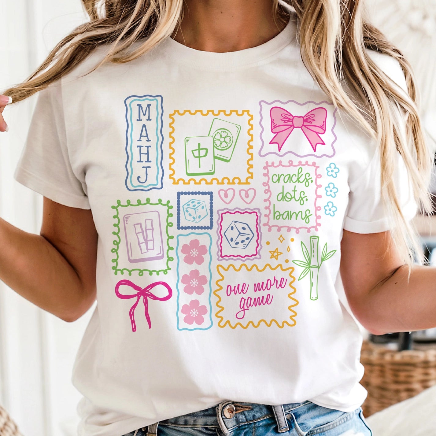 Mahjong Game Preppy Doodle Retro Graphic Tee - Blush & Cactus