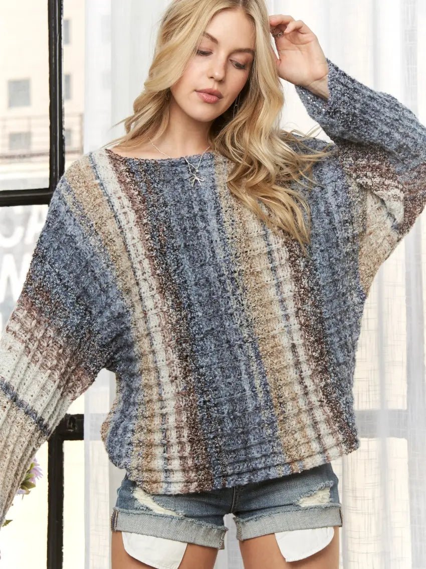 Boat Neck Multi Stripe Sweater Top - Blush & Cactus