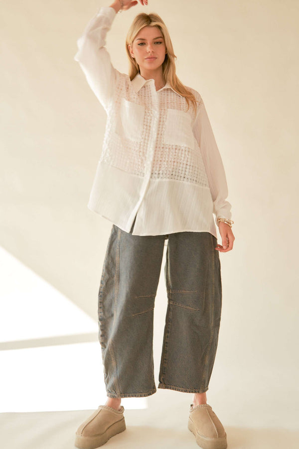 Davi & Dani Crinckled Jacquard Checker Button Down Shirt Top