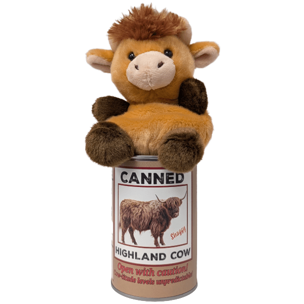 Canned Highland Cow | Stuffed Farm Animal Plush w/Jokes - Blush & Cactus