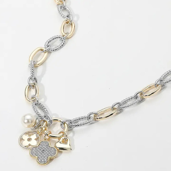 14K Gold Plated Cz Paved Quatrefoil Metal Heart Necklace