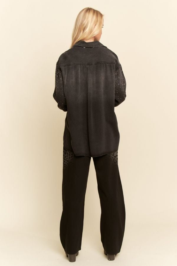 Davi & Dani Oversized Rhinestone Chest Pocket Denim Shirt - Blush & Cactus