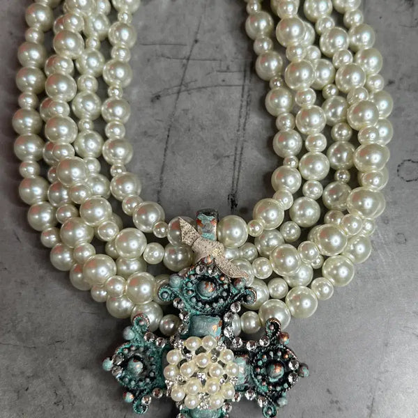 5 Strand Pearl Turquoise Cross Necklace