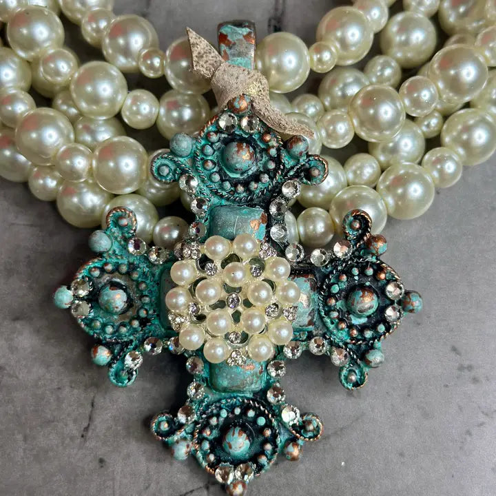 5 Strand Pearl Turquoise Cross Necklace