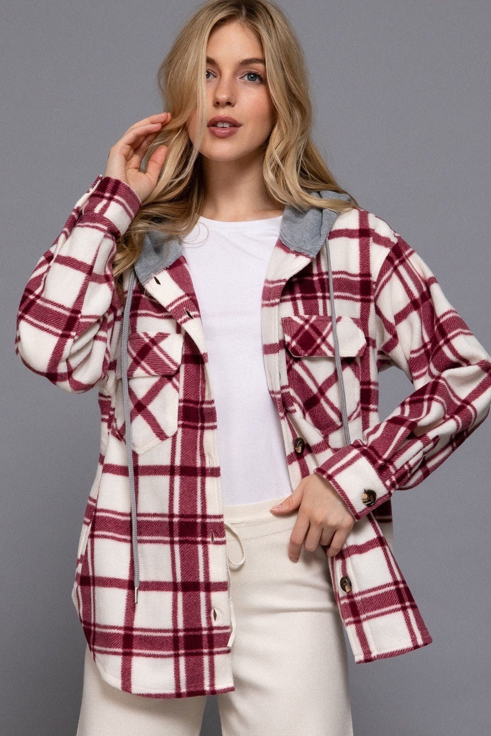 Plaid Print Hoodie Fleece Jacket - Blush & Cactus